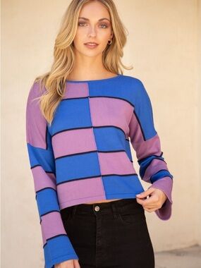 Colorblock Long Sleeve Top - Blue & Purple